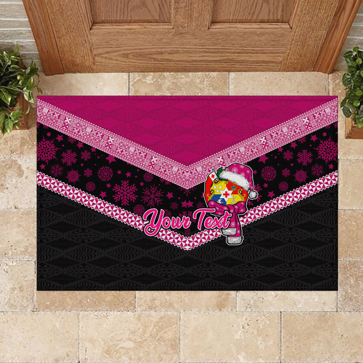 Personalised Tonga Christmas Rubber Doormat Tongan Coat of Arms Santa With Ngatu Pattern Christmas Pink Style LT03 - Polynesian Pride