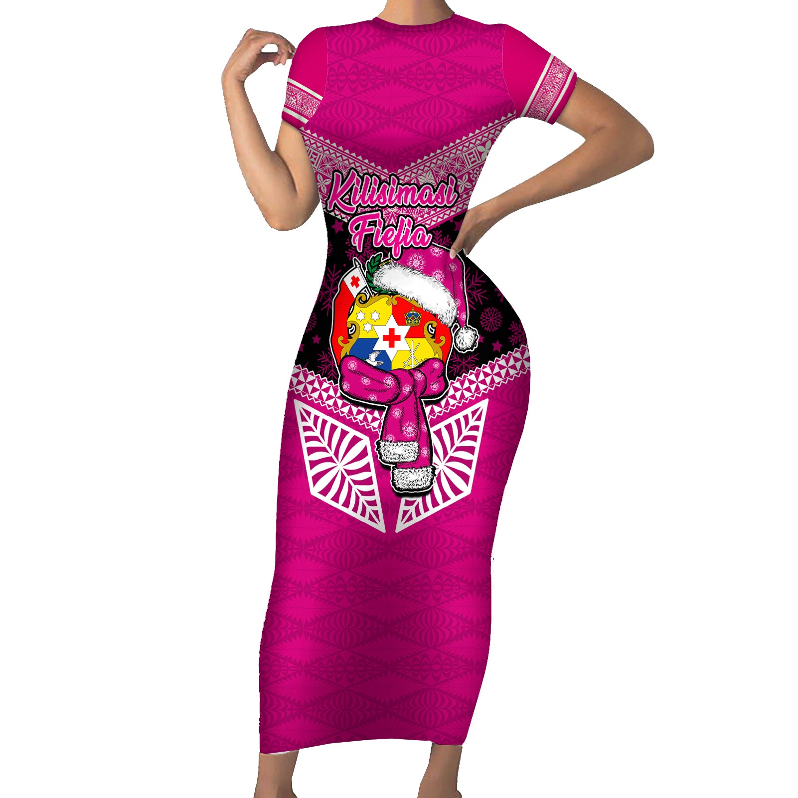 Personalised Tonga Christmas Short Sleeve Bodycon Dress Tongan Coat of Arms Santa With Ngatu Pattern Christmas Pink Style LT03 Long Dress Pink - Polynesian Pride
