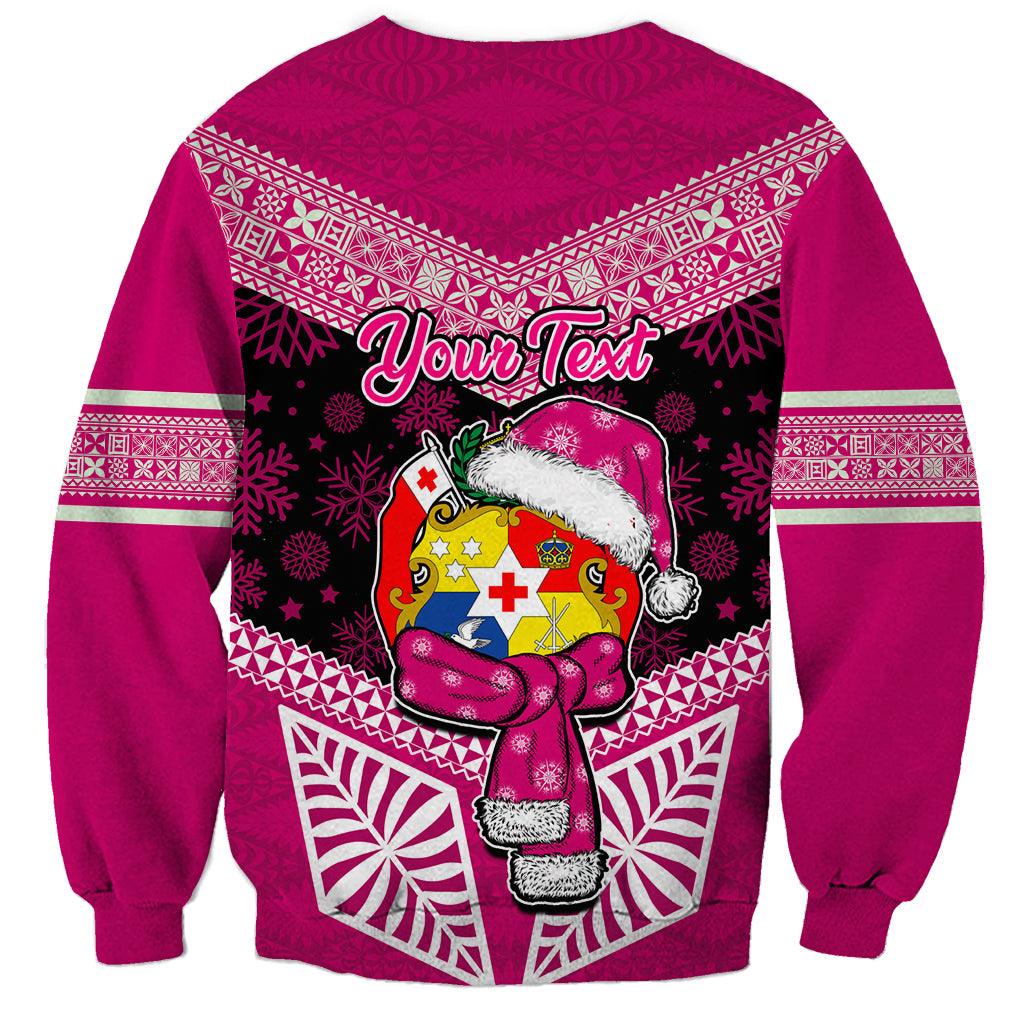 Personalised Tonga Christmas Sweatshirt Tongan Coat of Arms Santa With Ngatu Pattern Christmas Pink Style LT03 - Polynesian Pride
