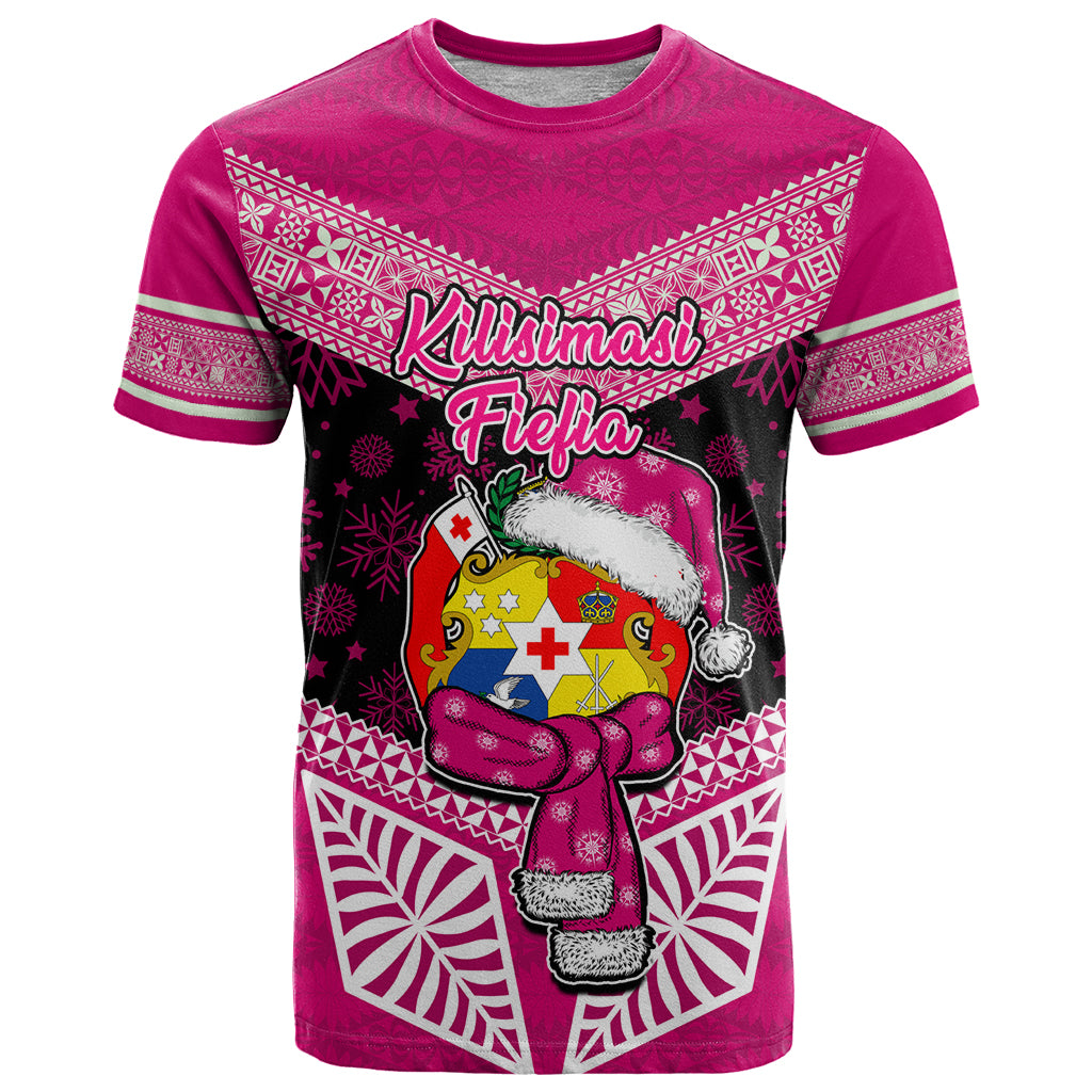 Personalised Tonga Christmas T Shirt Tongan Coat of Arms Santa With Ngatu Pattern Christmas Pink Style LT03 Pink - Polynesian Pride