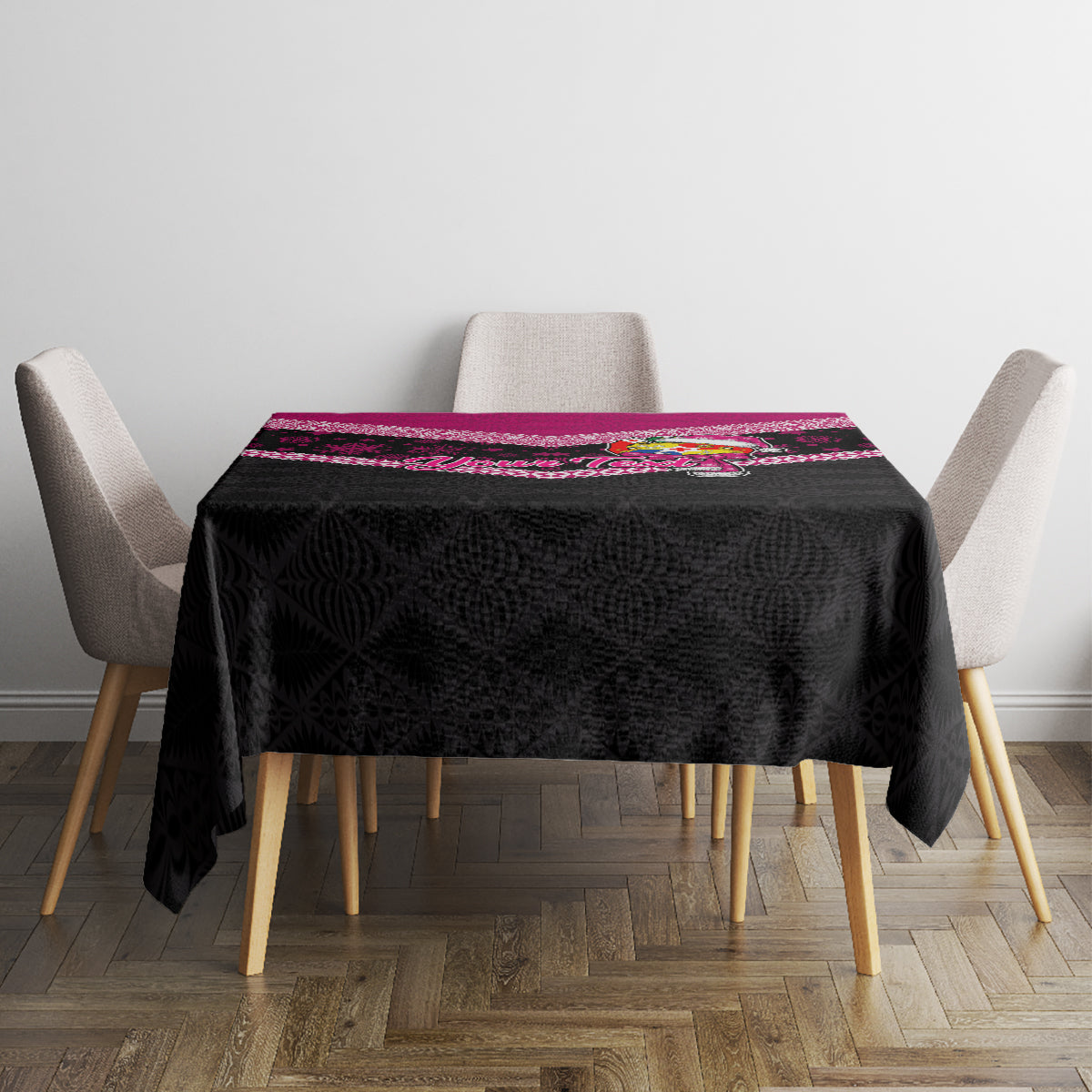 Personalised Tonga Christmas Tablecloth Tongan Coat of Arms Santa With Ngatu Pattern Christmas Pink Style LT03 - Polynesian Pride