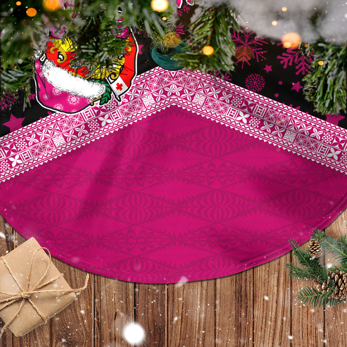 Personalised Tonga Christmas Tree Skirt Tonga Coat of Arms with Seamless Tapa Ngatu Pattern Xmas Pink Style LT03 - Polynesian Pride
