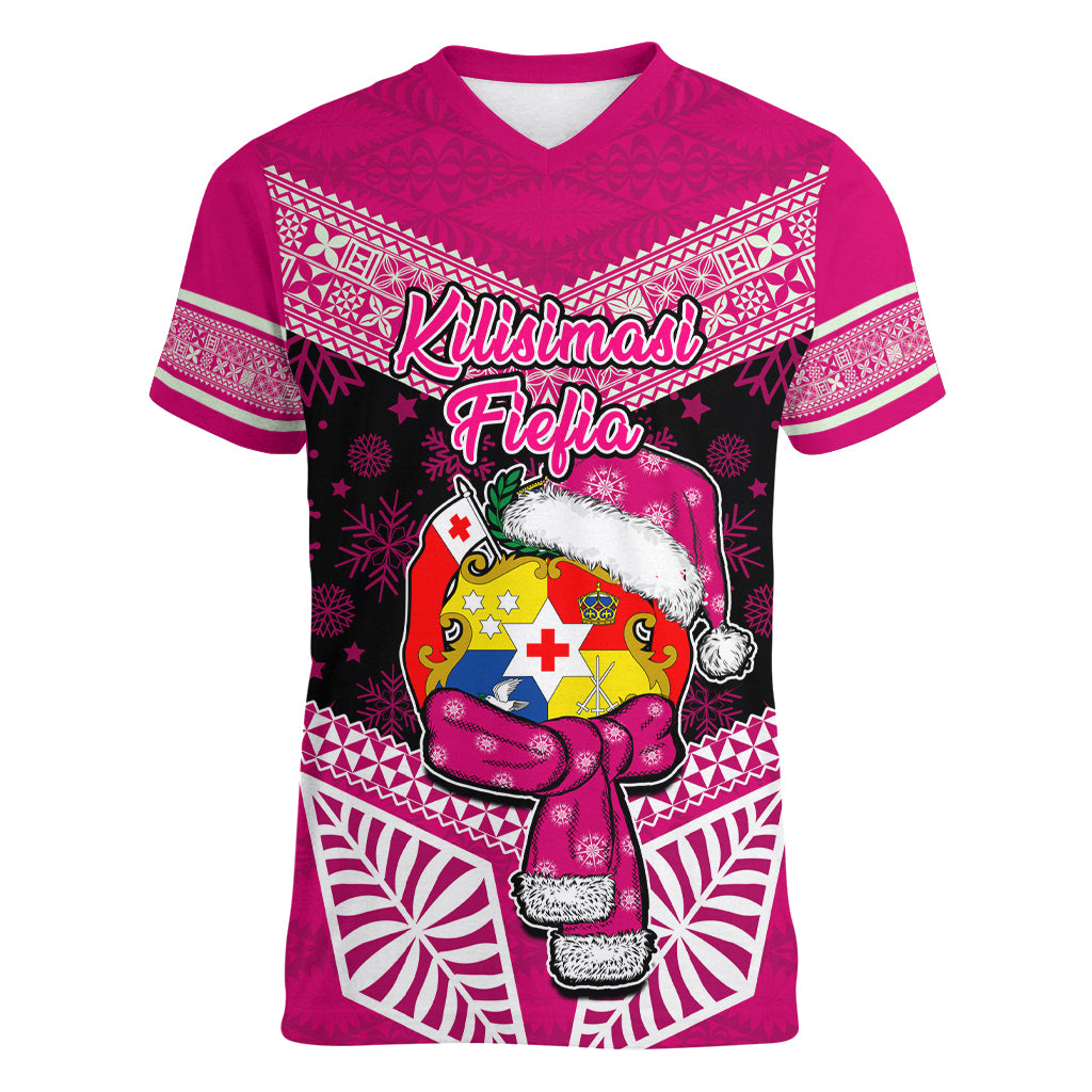 Personalised Tonga Christmas Women V Neck T Shirt Tongan Coat of Arms Santa With Ngatu Pattern Christmas Pink Style LT03 Female Pink - Polynesian Pride