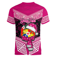 Personalised Tonga Christmas Women V Neck T Shirt Tongan Coat of Arms Santa With Ngatu Pattern Christmas Pink Style LT03 - Polynesian Pride