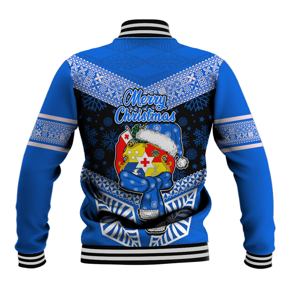 Tonga Christmas Baseball Jacket Tongan Coat of Arms Santa With Ngatu Pattern Christmas Blue Style LT03 - Polynesian Pride