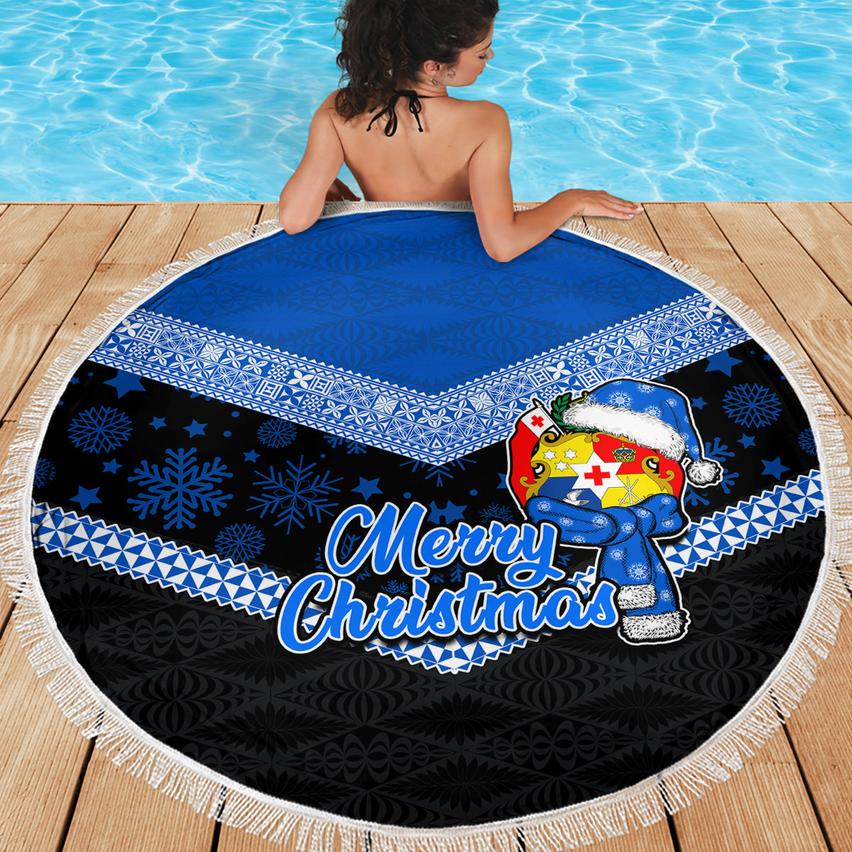 Tonga Christmas Beach Blanket Tongan Coat of Arms Santa With Ngatu Pattern Christmas Blue Style LT03 - Wonder Print Shop
