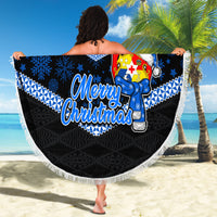 Tonga Christmas Beach Blanket Tongan Coat of Arms Santa With Ngatu Pattern Christmas Blue Style LT03 - Wonder Print Shop