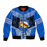 Tonga Christmas Bomber Jacket Tongan Coat of Arms Santa With Ngatu Pattern Christmas Blue Style LT03 Unisex Blue - Polynesian Pride