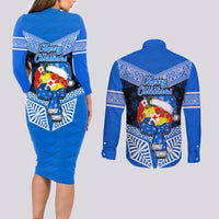 Tonga Christmas Couples Matching Long Sleeve Bodycon Dress and Long Sleeve Button Shirts Tongan Coat of Arms Santa With Ngatu Pattern Christmas Blue Style LT03 - Polynesian Pride