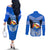 Tonga Christmas Couples Matching Off The Shoulder Long Sleeve Dress and Long Sleeve Button Shirts Tongan Coat of Arms Santa With Ngatu Pattern Christmas Blue Style LT03 - Polynesian Pride