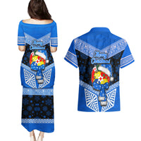 Tonga Christmas Couples Matching Puletasi Dress and Hawaiian Shirt Tongan Coat of Arms Santa With Ngatu Pattern Christmas Blue Style LT03 - Polynesian Pride
