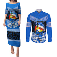 Tonga Christmas Couples Matching Puletasi Dress and Long Sleeve Button Shirts Tongan Coat of Arms Santa With Ngatu Pattern Christmas Blue Style LT03 Blue - Polynesian Pride