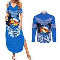 Tonga Christmas Couples Matching Summer Maxi Dress and Long Sleeve Button Shirts Tongan Coat of Arms Santa With Ngatu Pattern Christmas Blue Style LT03 Blue - Polynesian Pride
