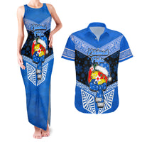 Tonga Christmas Couples Matching Tank Maxi Dress and Hawaiian Shirt Tongan Coat of Arms Santa With Ngatu Pattern Christmas Blue Style LT03 Blue - Polynesian Pride