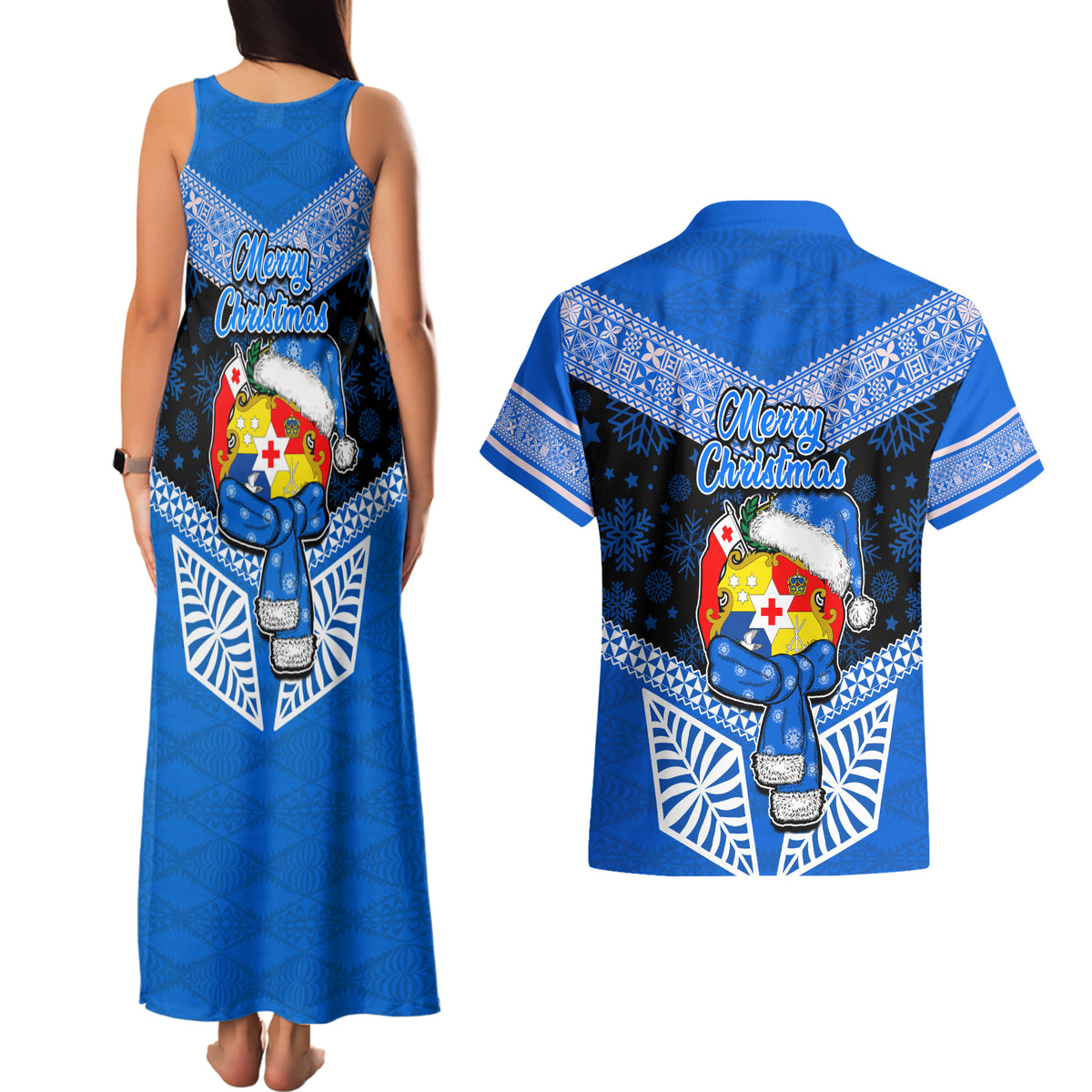 Tonga Christmas Couples Matching Tank Maxi Dress and Hawaiian Shirt Tongan Coat of Arms Santa With Ngatu Pattern Christmas Blue Style LT03 - Polynesian Pride