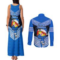 Tonga Christmas Couples Matching Tank Maxi Dress and Long Sleeve Button Shirts Tongan Coat of Arms Santa With Ngatu Pattern Christmas Blue Style LT03 - Polynesian Pride