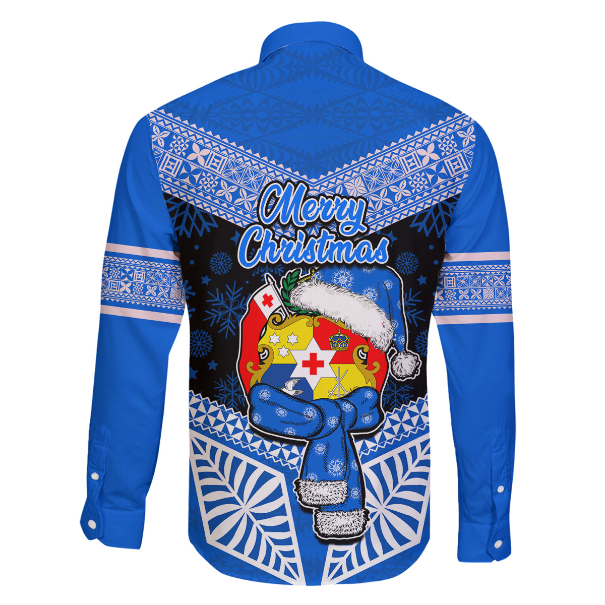 Tonga Christmas Family Matching Long Sleeve Bodycon Dress and Hawaiian Shirt Tongan Coat of Arms Santa With Ngatu Pattern Christmas Blue Style LT03 - Polynesian Pride