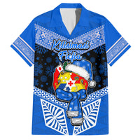 Tonga Christmas Family Matching Off Shoulder Short Dress and Hawaiian Shirt Tongan Coat of Arms Santa With Ngatu Pattern Christmas Blue Style LT03 Dad's Shirt - Short Sleeve Blue - Polynesian Pride