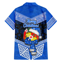 Tonga Christmas Family Matching Short Sleeve Bodycon Dress and Hawaiian Shirt Tongan Coat of Arms Santa With Ngatu Pattern Christmas Blue Style LT03 - Polynesian Pride