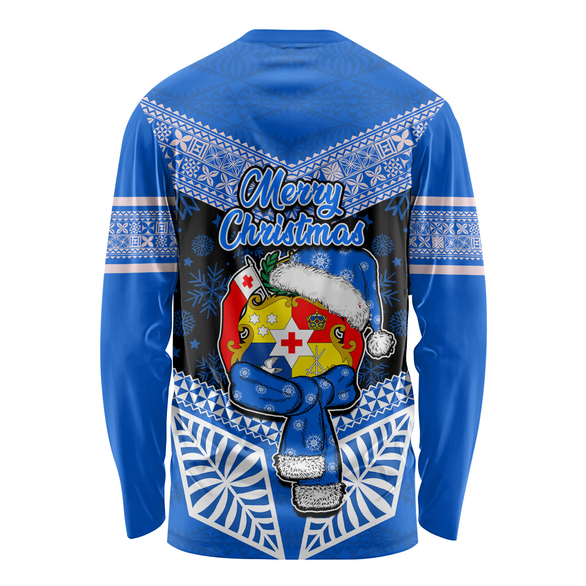 Tonga Christmas Long Sleeve Shirt Tongan Coat of Arms Santa With Ngatu Pattern Christmas Blue Style LT03 - Polynesian Pride