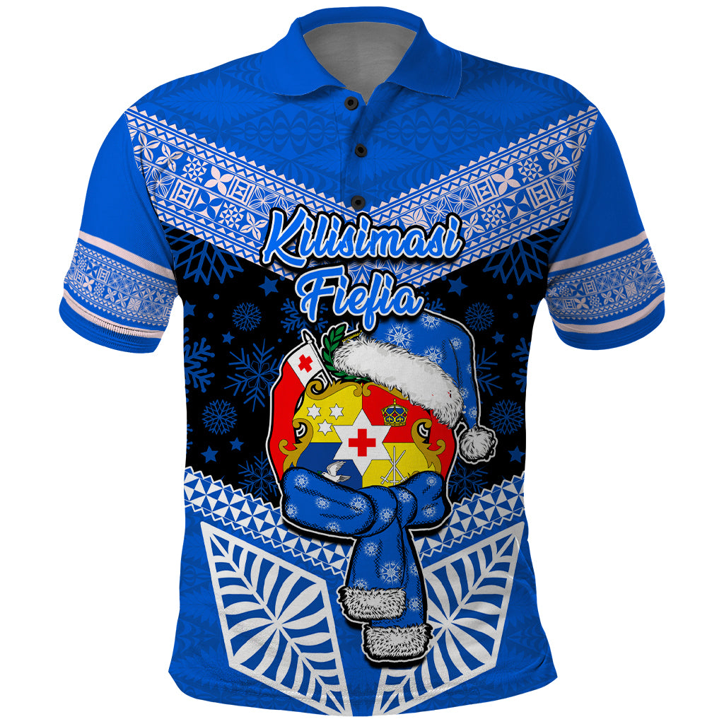 Tonga Christmas Polo Shirt Tongan Coat of Arms Santa With Ngatu Pattern Christmas Blue Style LT03 Blue - Polynesian Pride