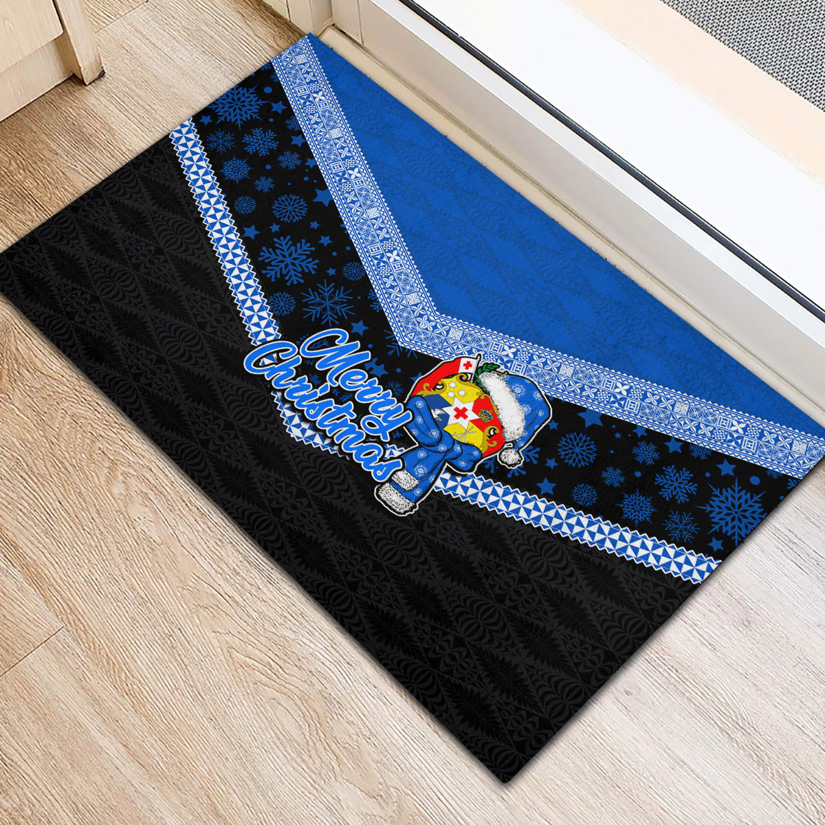 Tonga Christmas Rubber Doormat Tongan Coat of Arms Santa With Ngatu Pattern Christmas Blue Style LT03 - Polynesian Pride