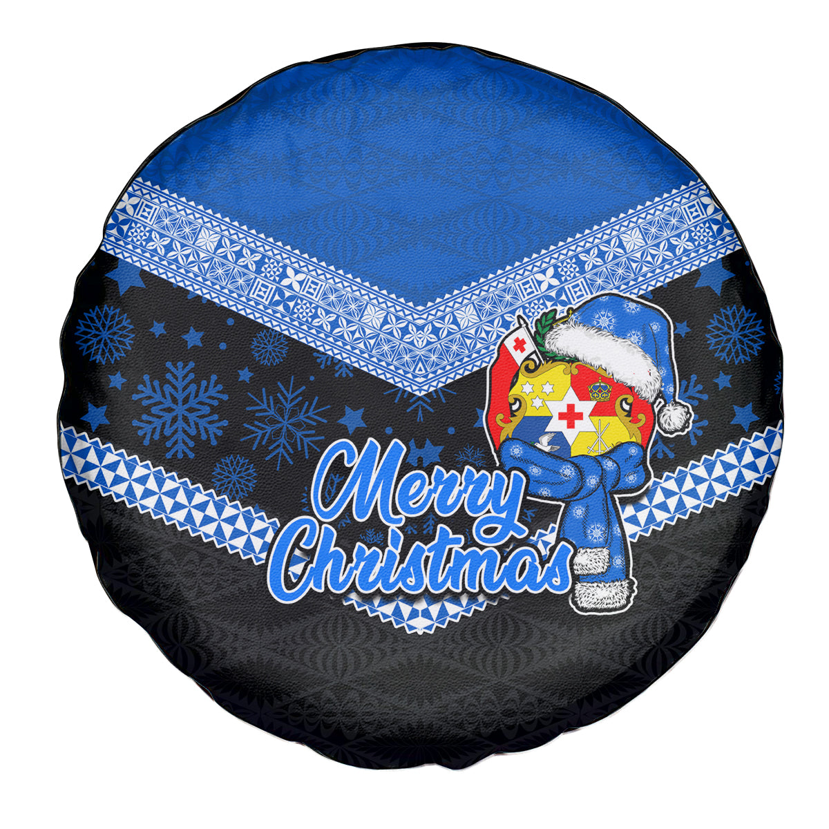 Tonga Christmas Spare Tire Cover Tongan Coat of Arms Santa With Ngatu Pattern Christmas Blue Style LT03 - Polynesian Pride