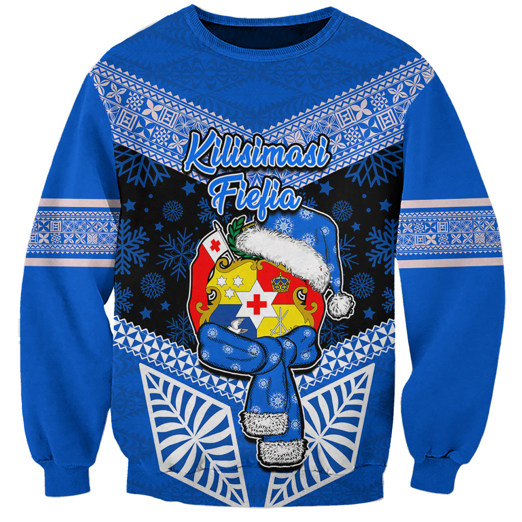 Tonga Christmas Sweatshirt Tongan Coat of Arms Santa With Ngatu Pattern Christmas Blue Style LT03 Unisex Blue - Polynesian Pride