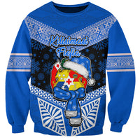 Tonga Christmas Sweatshirt Tongan Coat of Arms Santa With Ngatu Pattern Christmas Blue Style LT03 Unisex Blue - Polynesian Pride
