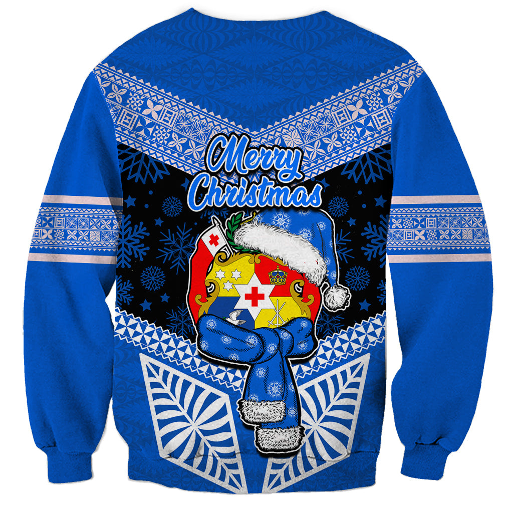 Tonga Christmas Sweatshirt Tongan Coat of Arms Santa With Ngatu Pattern Christmas Blue Style LT03 - Polynesian Pride