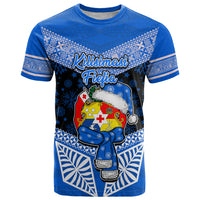 Tonga Christmas T Shirt Tongan Coat of Arms Santa With Ngatu Pattern Christmas Blue Style LT03 Blue - Polynesian Pride