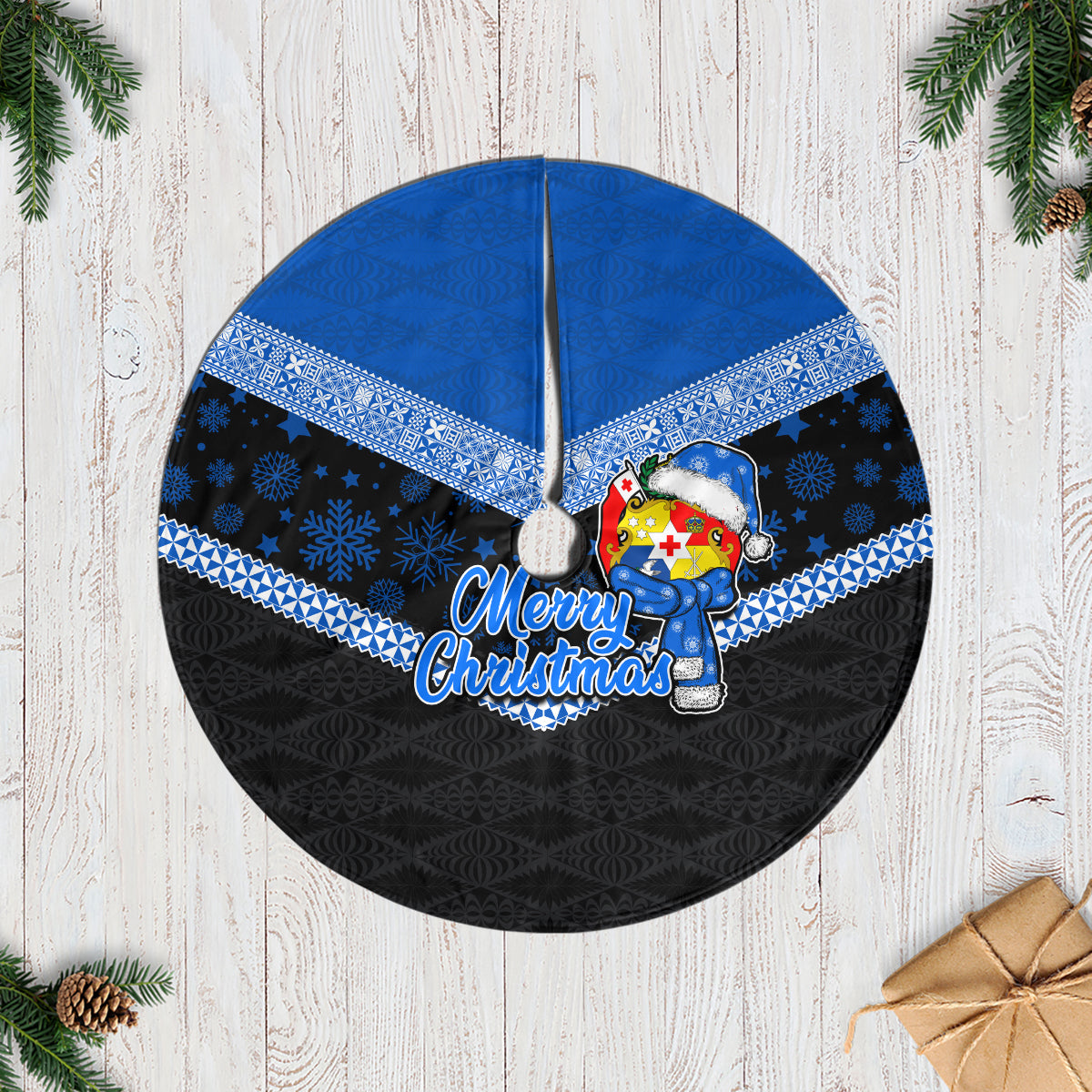 Tonga Christmas Tree Skirt Tonga Coat of Arms with Seamless Tapa Ngatu Pattern Xmas Blue Style LT03 Blue - Polynesian Pride