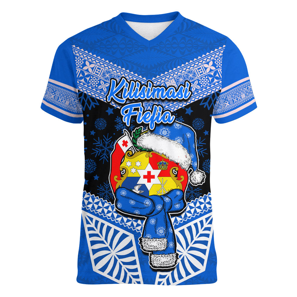 Tonga Christmas Women V Neck T Shirt Tongan Coat of Arms Santa With Ngatu Pattern Christmas Blue Style LT03 Female Blue - Polynesian Pride