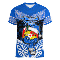 Tonga Christmas Women V Neck T Shirt Tongan Coat of Arms Santa With Ngatu Pattern Christmas Blue Style LT03 Female Blue - Polynesian Pride