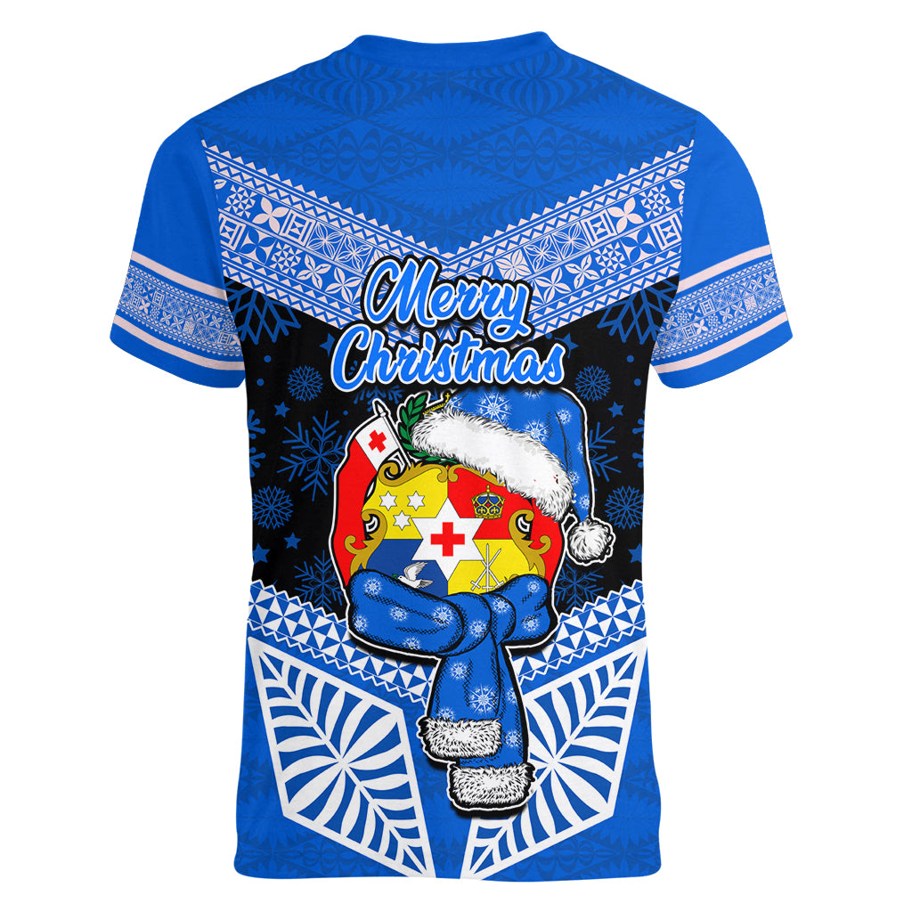 Tonga Christmas Women V Neck T Shirt Tongan Coat of Arms Santa With Ngatu Pattern Christmas Blue Style LT03 - Polynesian Pride