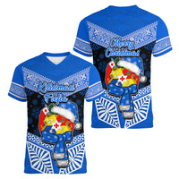 Tonga Christmas Women V Neck T Shirt Tongan Coat of Arms Santa With Ngatu Pattern Christmas Blue Style LT03 - Polynesian Pride