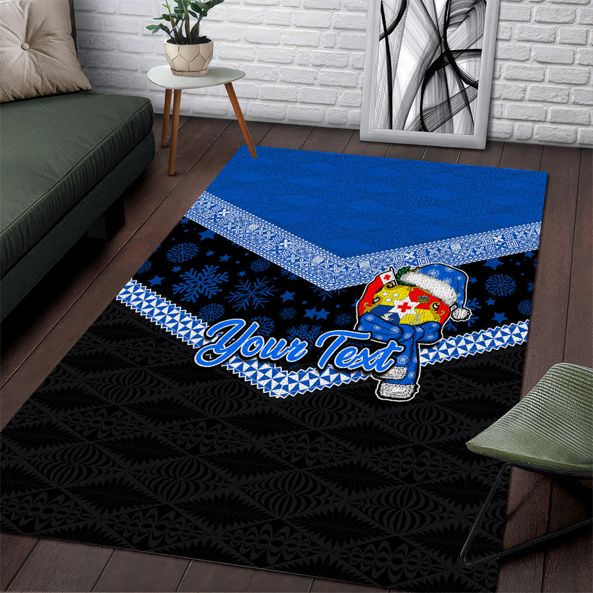 Personalised Tonga Christmas Area Rug Tongan Coat of Arms Santa With Ngatu Pattern Christmas Blue Style LT03 Blue - Polynesian Pride