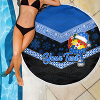 Personalised Tonga Christmas Beach Blanket Tongan Coat of Arms Santa With Ngatu Pattern Christmas Blue Style LT03 - Wonder Print Shop