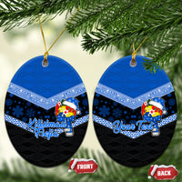 Personalised Tonga Christmas Ceramic Ornament Tonga Coat of Arms with Seamless Tapa Ngatu Pattern Xmas Blue Style LT03 - Polynesian Pride