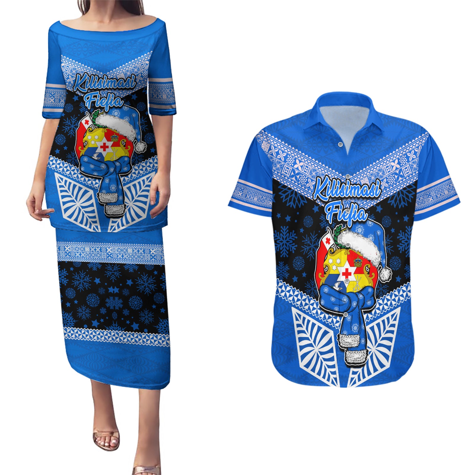 Personalised Tonga Christmas Couples Matching Puletasi Dress and Hawaiian Shirt Tongan Coat of Arms Santa With Ngatu Pattern Christmas Blue Style LT03 Blue - Polynesian Pride