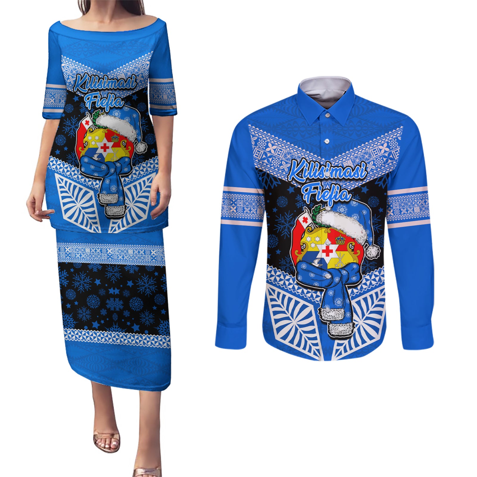 Personalised Tonga Christmas Couples Matching Puletasi Dress and Long Sleeve Button Shirts Tongan Coat of Arms Santa With Ngatu Pattern Christmas Blue Style LT03 Blue - Polynesian Pride