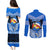 Personalised Tonga Christmas Couples Matching Puletasi Dress and Long Sleeve Button Shirts Tongan Coat of Arms Santa With Ngatu Pattern Christmas Blue Style LT03 - Polynesian Pride
