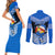 Personalised Tonga Christmas Couples Matching Short Sleeve Bodycon Dress and Long Sleeve Button Shirts Tongan Coat of Arms Santa With Ngatu Pattern Christmas Blue Style LT03 - Polynesian Pride