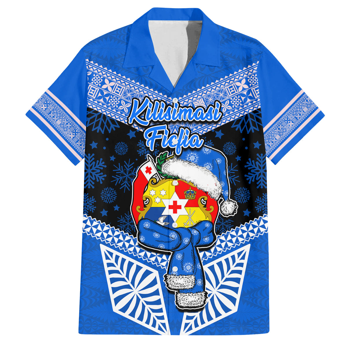 Personalised Tonga Christmas Family Matching Off Shoulder Maxi Dress and Hawaiian Shirt Tongan Coat of Arms Santa With Ngatu Pattern Christmas Blue Style LT03 Dad's Shirt - Short Sleeve Blue - Polynesian Pride