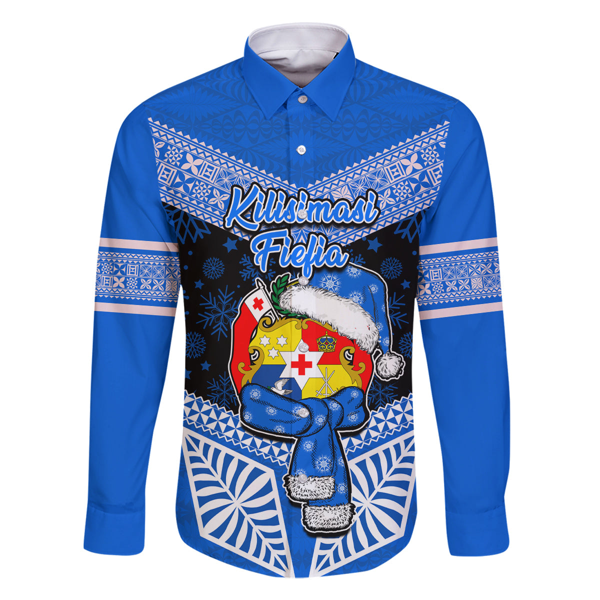 Personalised Tonga Christmas Family Matching Summer Maxi Dress and Hawaiian Shirt Tongan Coat of Arms Santa With Ngatu Pattern Christmas Blue Style LT03 Dad's Shirt - Long Sleeve Blue - Polynesian Pride