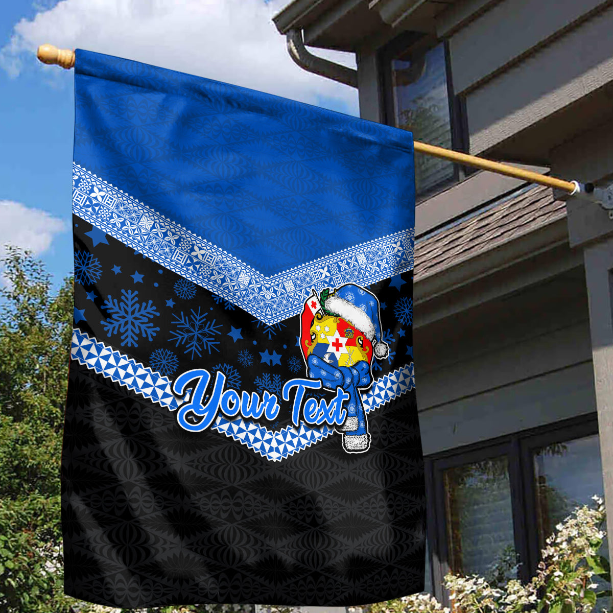 Personalised Tonga Christmas Garden Flag Tongan Coat of Arms Santa With Ngatu Pattern Christmas Blue Style LT03 - Polynesian Pride