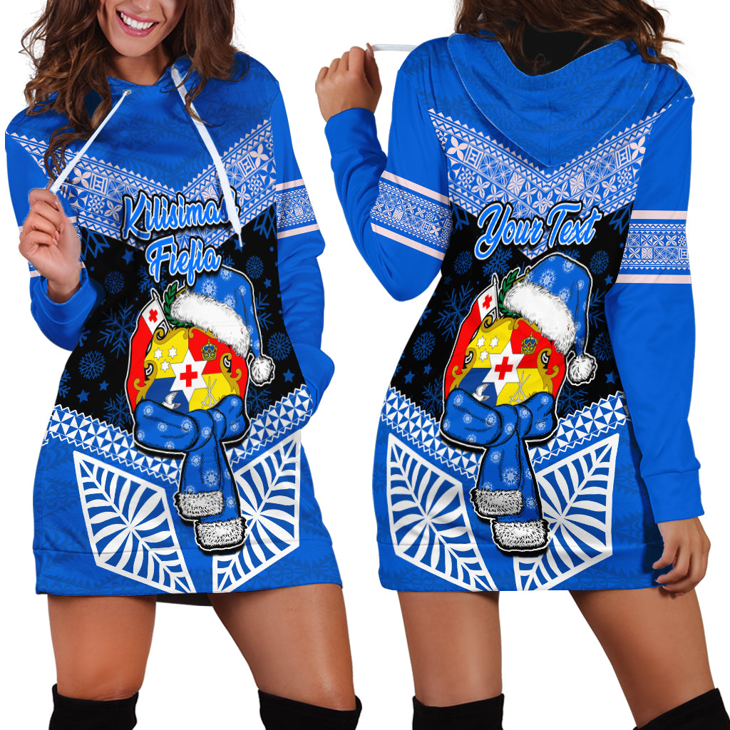Personalised Tonga Christmas Hoodie Dress Tongan Coat of Arms Santa With Ngatu Pattern Christmas Blue Style LT03 - Polynesian Pride