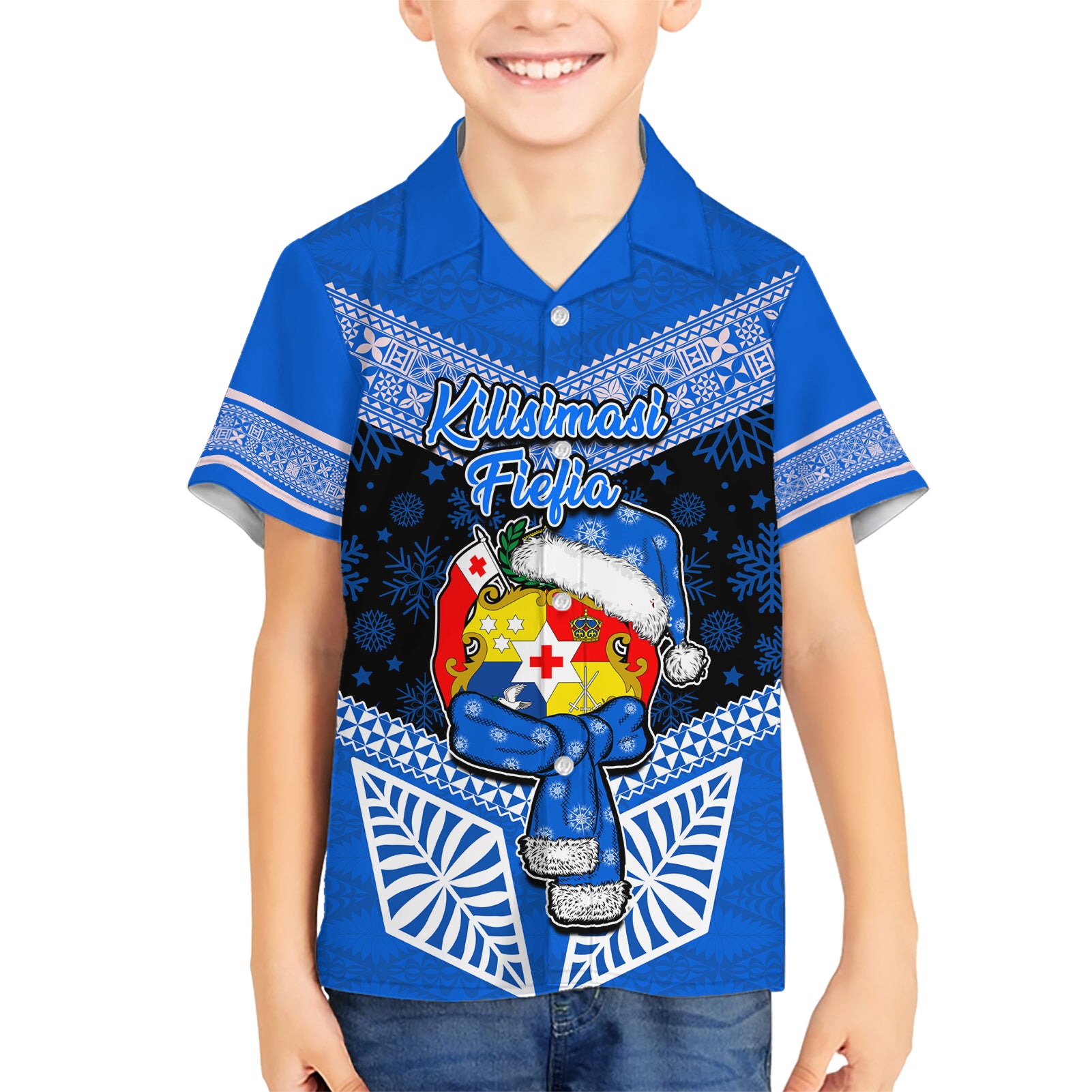 Personalised Tonga Christmas Kid Hawaiian Shirt Tongan Coat of Arms Santa With Ngatu Pattern Christmas Blue Style LT03 Kid Blue - Polynesian Pride
