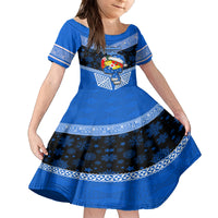 Personalised Tonga Christmas Kid Short Sleeve Dress Tongan Coat of Arms Santa With Ngatu Pattern Christmas Blue Style LT03 KID Blue - Polynesian Pride