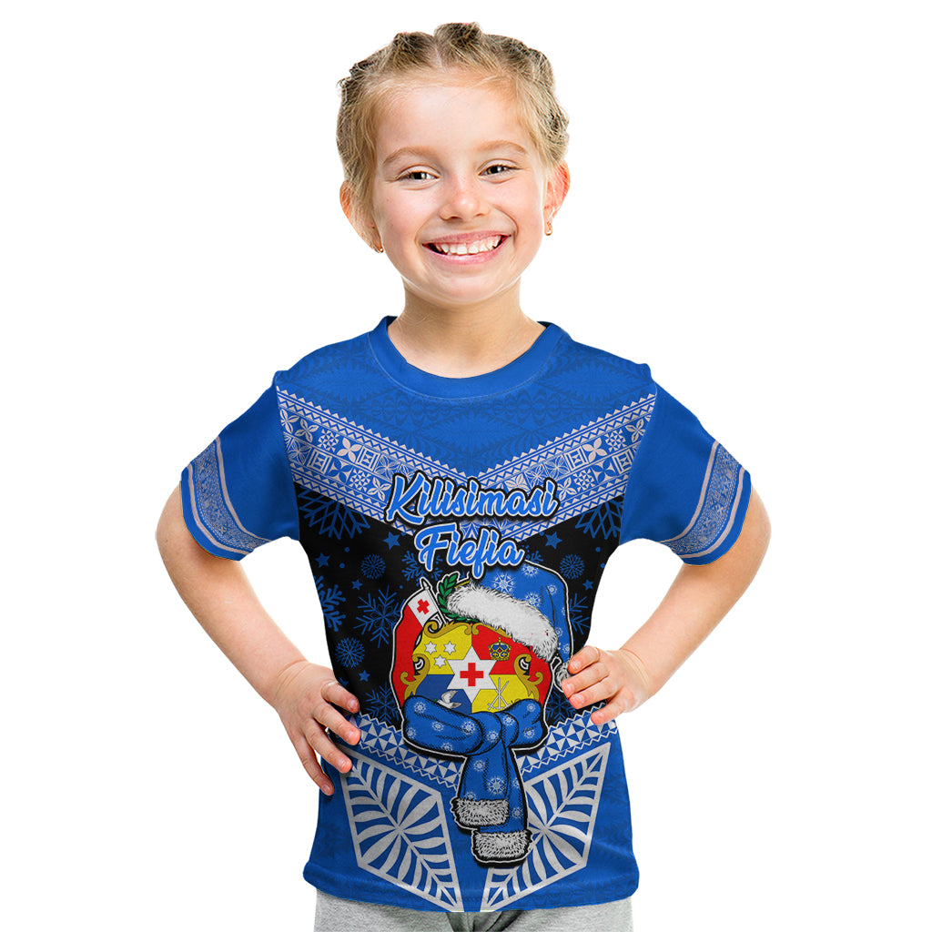 Personalised Tonga Christmas Kid T Shirt Tongan Coat of Arms Santa With Ngatu Pattern Christmas Blue Style LT03 Blue - Polynesian Pride
